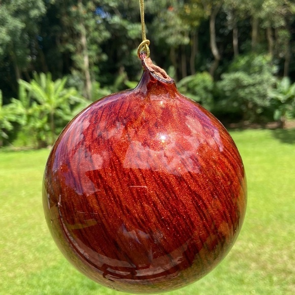 Hand Blown Red Orange Glitter Tiger Eye Medium Glass Ornament - Picture 5 of 11